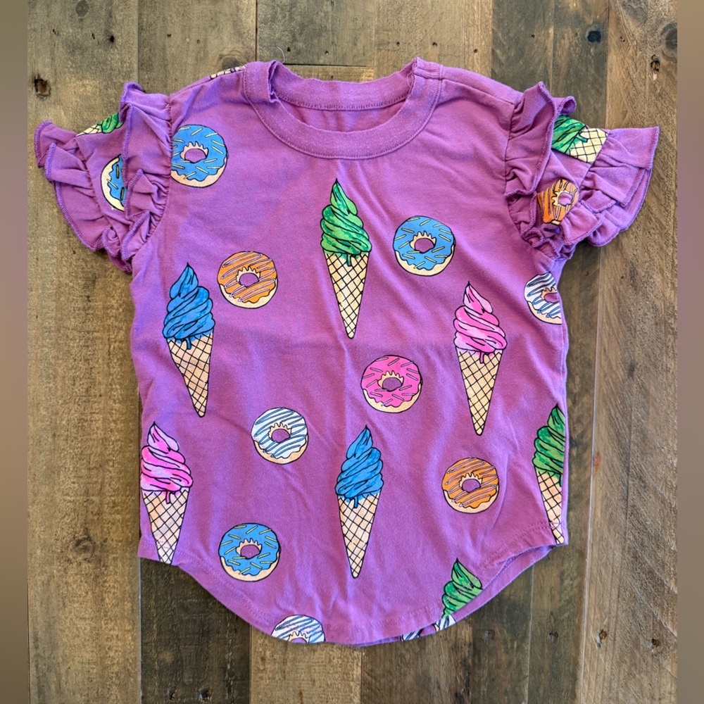 Chaser - Sweets Ruffle Sleeve Tee - Size 4 - Ice Cream & Donut Print - Purple